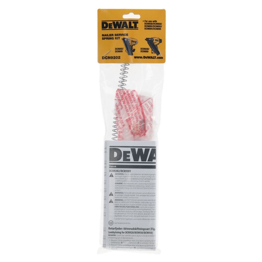 A DEWALT Nailer Service Spring Kit (model DCN9202) in its original packaging. The clear plastic bag contains a metal spring, some red and white labeled parts, and an instruction manual. The yellow label on top indicates compatibility with DEWALT nailer tools.