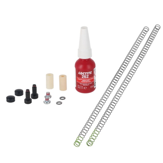 A DEWALT product kit containing a bottle of Loctite 262 adhesive, two metal springs, two cylindrical foam components, two washers, two bolts, and four black plastic parts arranged on a white surface.