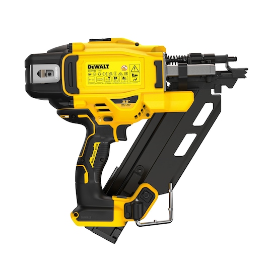 A DEWALT DCN930N cordless yellow nailer with black grip and magazine, shown in a side profile.