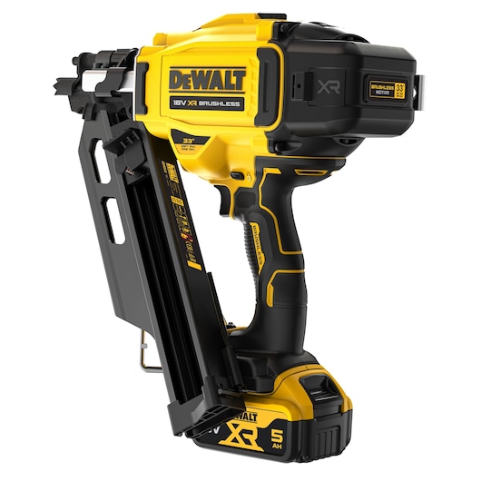 DEWALT 18V XR brushless cordless nail gun with 5Ah battery, yellow and black.
