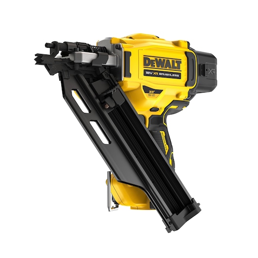 A DEWALT 18V XR Brushless battery-powered nail gun, featuring a yellow and black design with an angled magazine.