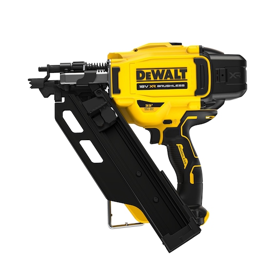 A yellow and black DEWALT 18V XR brushless cordless nail gun with a 33° angled magazine, model DCN950N.