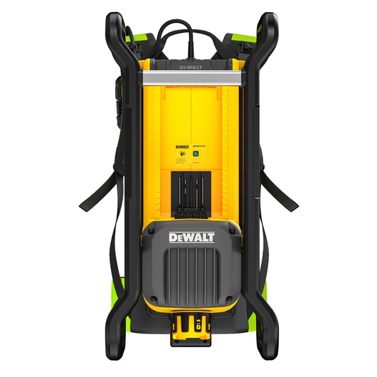 Front view of a DEWALT battery-powered backpack tool, featuring a yellow and black design with a sturdy protective frame and carrying straps.