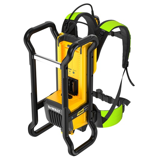 DEWALT DCPS310N backpack-style photography power tool with yellow and black design and padded shoulder straps.