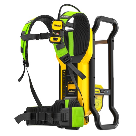 A DEWALT DCPS310N wearable device with bright green and black padded straps and a yellow and black electronic unit attached to a harness, designed for professional use.