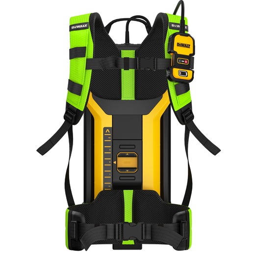 DEWALT backpack-style professional battery pack with yellow and black colored body, neon green shoulder straps, adjustable black straps, and a small control module attached to the right shoulder strap.