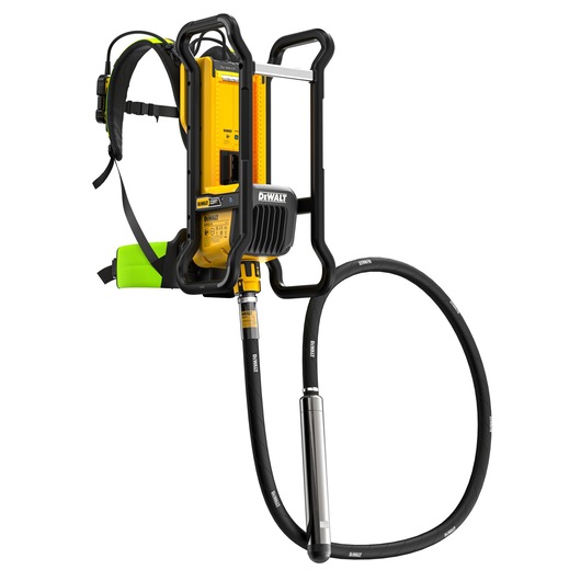 A yellow DEWALT backpack concrete vibrator, model DCPS310N, with a black protective frame, adjustable straps, and a long flexible hose with a cylindrical metal vibrating head.