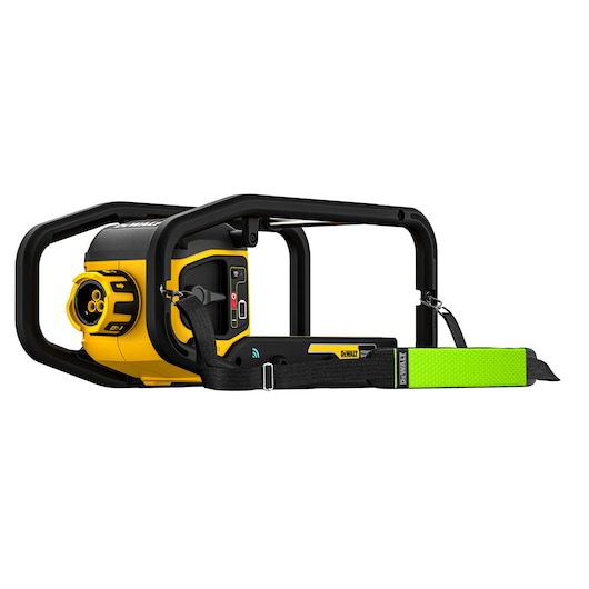 Portable DEWALT device featuring a protective frame, a yellow casing, and a control panel, with a black strap and green padding for carrying.