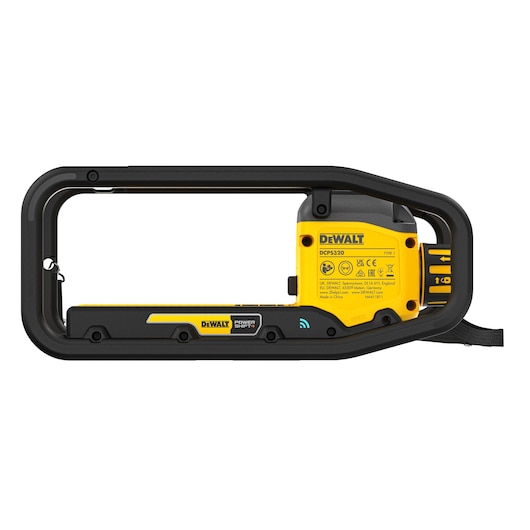 A DEWALT branded power tool, model DCPS320N, photographed against a white background. The tool features a rectangular black and yellow frame with visible product labels and markings.