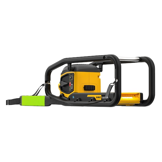 A DEWALT DCPS320N cordless photography tool in yellow and black, encased in a protective frame with a handle and strap for carrying.