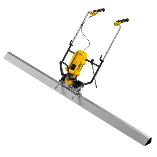 A DEWALT concrete power screed machine with yellow and black accents, used for leveling and smoothing concrete surfaces. The device features a long metal blade and adjustable handles.