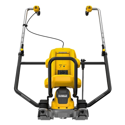 Front view of a DEWALT DCPS330N power tool designed for photography, featuring a yellow and black body with multiple handles and attachments.