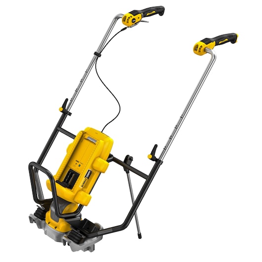 A DEWALT cordless outdoor power tool with a yellow and black design, two metal handles, and a protective frame, photographed on a white background.