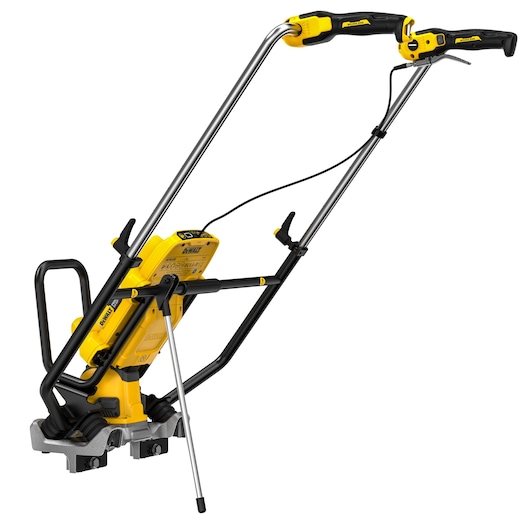 A DEWALT cordless pole saw tool with a yellow and black body, featuring a long metal handle and controls suitable for trimming tree branches.