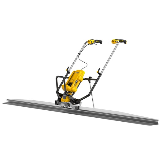 DEWALT DCPS330N concrete power screed with yellow and black handles and a long metal blade, designed for leveling and smoothing concrete surfaces.