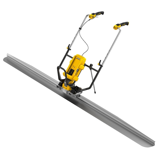 A DEWALT concrete screed machine with a yellow motor housing and two black and yellow handles, mounted on a long metal blade, isolated on a white background.