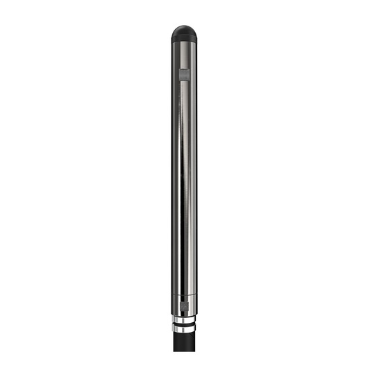 A vertical, cylindrical metal pole with a black cap and a small protruding rectangular button, photographed against a white background.