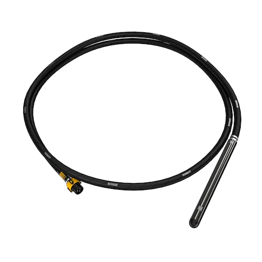 A DEWALT concrete vibrator with a long black flexible shaft, featuring a yellow connector and a cylindrical vibrating head, shown coiled on a white background.
