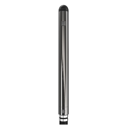 A vertical, cylindrical metal pole with a black rounded top and metallic finish, shown against a white background.