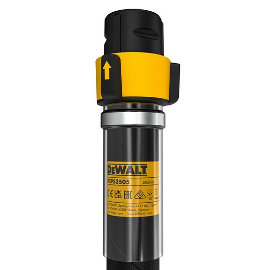 Close-up view of a DEWALT DCPS3505 power tool component with a cylindrical body, yellow and black detailing, and labeled information including certifications and model number.