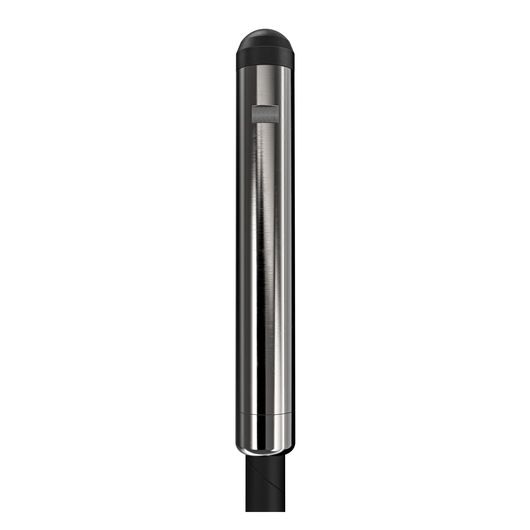 Close-up of a DEWALT stainless steel cylindrical pole with a black cap and a small rectangular button.