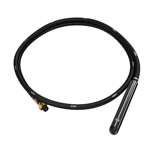 A DEWALT concrete vibrator attachment with a black flexible hose and metal vibrating head, intended for use with concrete tools.