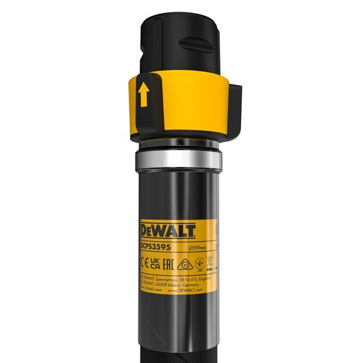 Close-up view of a DEWALT DCPS3595 tool with a yellow and black design, showing branding, certification logos, and a directional arrow on the yellow part near the top.