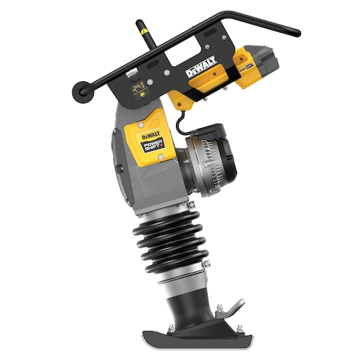 A DEWALT branded battery-powered compactor machine with visible handle, battery compartment, and controls. The machine is primarily yellow, black, and gray, designed for construction or landscaping use.