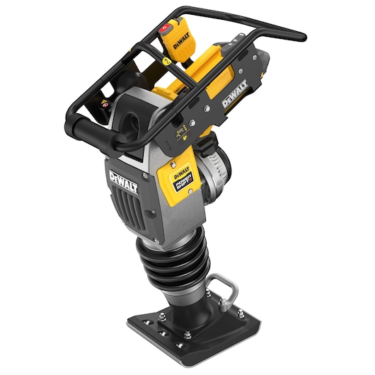 A DEWALT cordless rammer compactor with a yellow and black design, featuring a sturdy handle, battery pack, and a flat metal base. The tool is designed for compacting soil and construction materials.