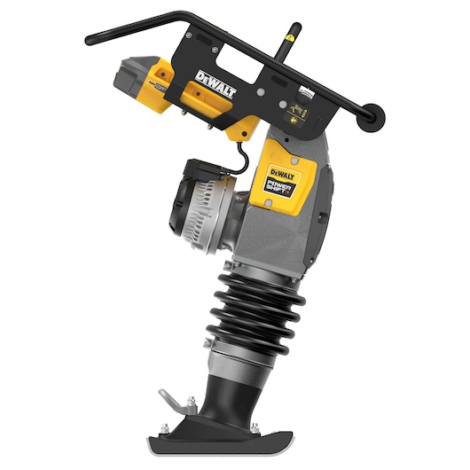 A DEWALT DCPS660N battery-powered compactor machine, featuring a yellow and black design with visible handle, battery pack, and base plate, used for soil compaction in construction.
