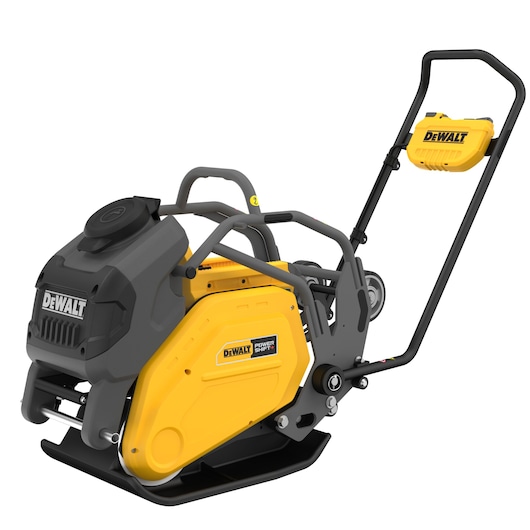 A DEWALT branded compactor machine with a black and yellow design, featuring a sturdy handle and motor housing. The machine is intended for construction and landscaping use.