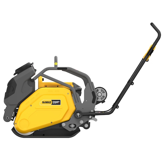 Side view of a DEWALT Power Shift plate compactor machine, featuring a yellow and gray body with a black handle, designed for construction and landscaping tasks.