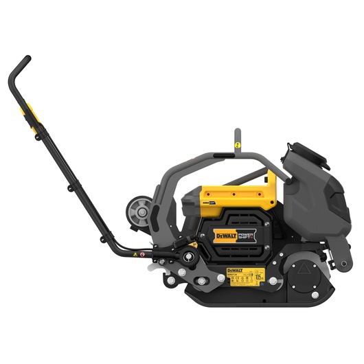 Side view of a DEWALT DCPS7154N cordless photography equipment featuring a robust design with a yellow and black color scheme, a long handle, and integrated control panel.