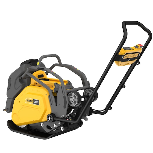 A DEWALT Power Shift compactor with a yellow and black design, featuring a robust angular frame and a control handle with operating buttons.
