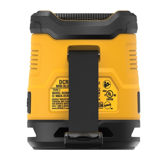 Rear view of a DEWALT DCR009 mini Bluetooth speaker, featuring a yellow and black rugged design with a strap and visible product information label.