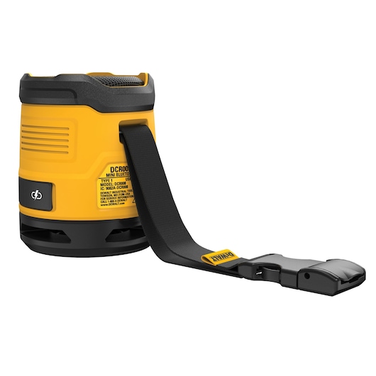 A DEWALT DCR009 mini Bluetooth speaker in yellow and black, featuring a rugged design with a built-in strap and a buckle for easy carrying and attachment.