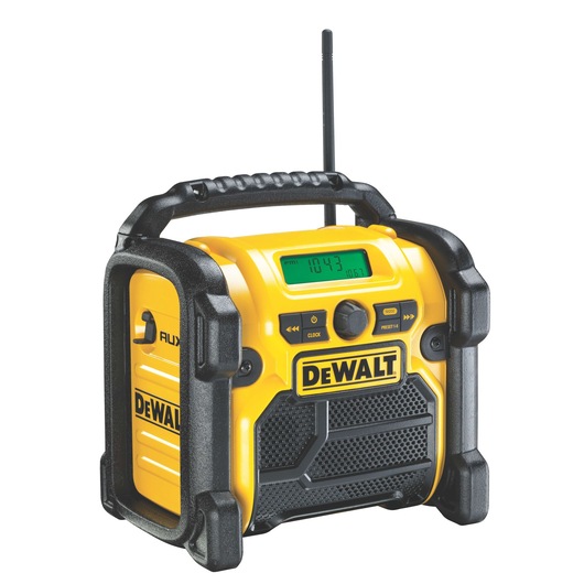 A yellow and black DEWALT portable radio with a digital display, buttons for controls, a handle on top, and a protective frame.