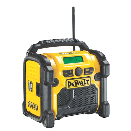A DEWALT portable jobsite radio with a yellow and black rugged case, a digital display, control buttons, a speaker, and an antenna on top.