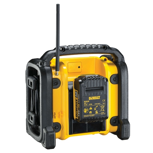 DEWALT DCR020 compact yellow radio with built-in charger, sturdy handle, antenna, and black protective frame.