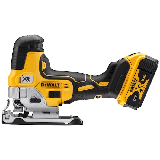 DEWALT cordless jigsaw DCS335P2 with 18V XR battery, shown in side view on white background.