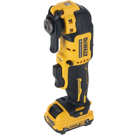DEWALT 12V XR cordless brushless oscillating multi-tool with yellow and black body, shown standing upright.
