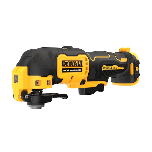 A DEWALT branded cordless oscillating multi-tool, featuring a 12V XR brushless motor. The tool is predominantly yellow and black, with the DEWALT logo and model details shown clearly on the side.