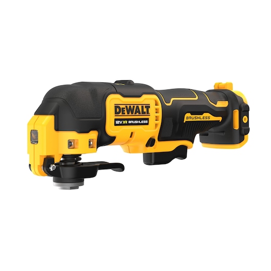 A DEWALT 12V XR brushless oscillating multi-tool with a black and yellow design, shown from the side.