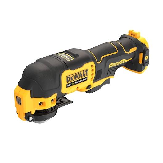 A DEWALT 12V XR brushless oscillating multi-tool, featuring a black and yellow design, shown against a white background.
