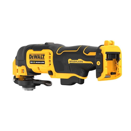 A DEWALT 12V XR brushless cordless oscillating multi-tool, shown in yellow and black, with an open battery compartment and visible accessory attachment at the front.
