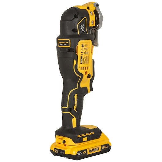 A DEWALT cordless oscillating multi-tool with a brushless motor and an 18V XR 2.0Ah battery, standing upright on a white background.