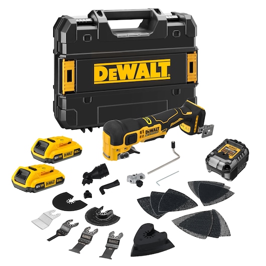 DEWALT cordless multi-tool kit with case, batteries, charger, blades, sanding pads, and accessories.