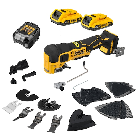 DEWALT cordless multi-tool kit with batteries, charger, sanding pads, and various attachments on white background.