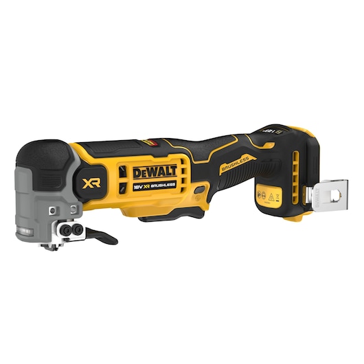 DEWALT 18V XR brushless cordless multi-tool, black and yellow, shown on a white background.
