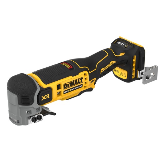 DEWALT 18V XR brushless oscillating multi-tool with ergonomic grip and yellow-black design, displayed on white.